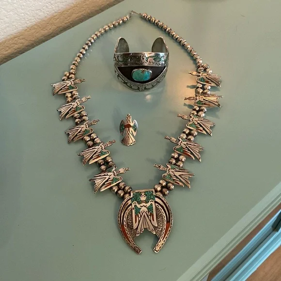 Silver Handmade Vintage Squash Blossom Necklace, Bracelet, Ring - Picture 3 of 16